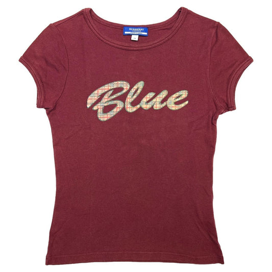 Burberry Blue Label Burgundy Baby Tee with Signature Nova Check Plaid Logo - Outfit Repeater