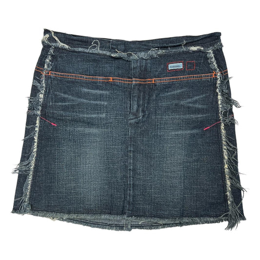 Diesel Distressed Dark Wash Denim Mini Skirt with Multicolor Contrast Stitching - Outfit Repeater