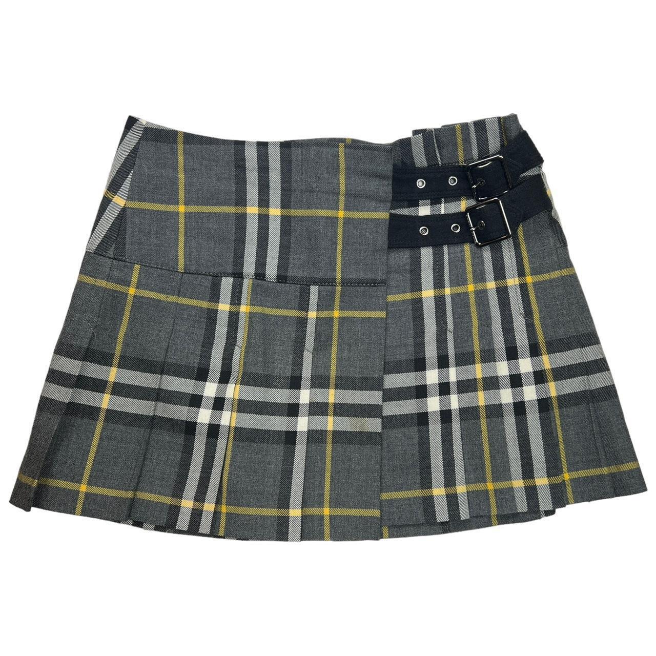 Burberry Blue Label Gray and Yellow Plaid Pleated Mini Skirt - Outfit Repeater