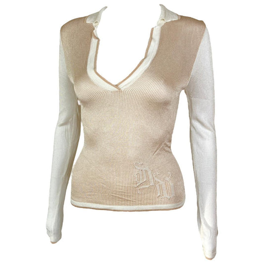 Versace Tan and Cream Knit Collared Top