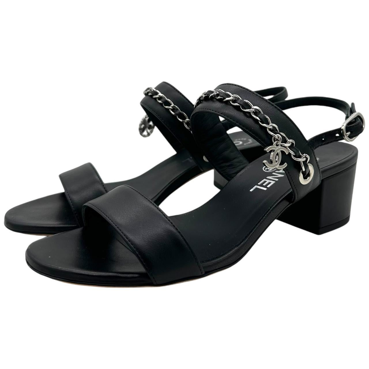 Chanel Black Lambskin Block Heel Sandals - Outfit Repeater