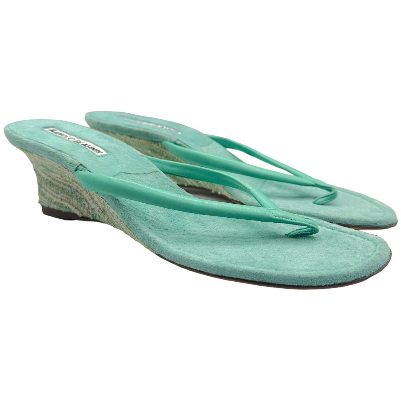 Manolo Blahnik Teal Suede Wedge Kitten Heel Flip Flops