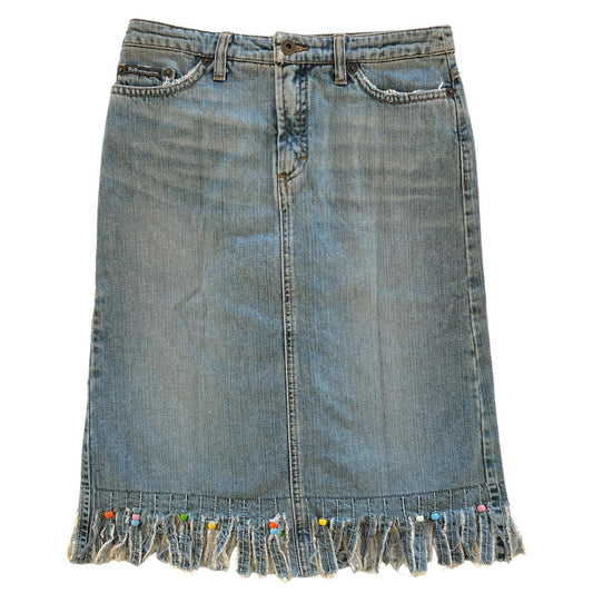 Dolce & Gabbana Blue Denim Midi Skirt with Beaded Frayed Hem