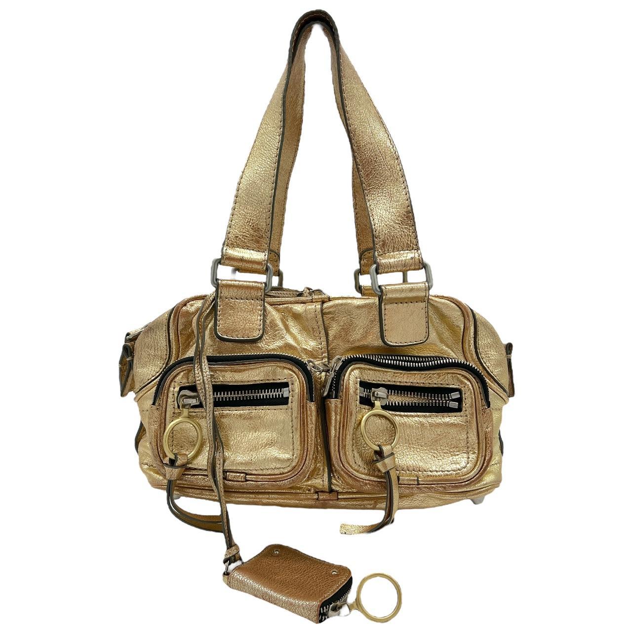 Chloé Gold Leather Shoulder Bag with Zippered Pockets