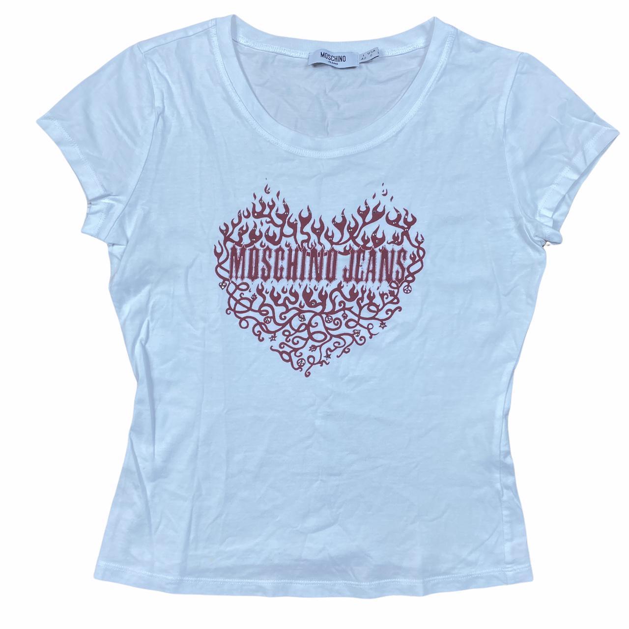 Moschino Jeans Bedazzled Flame Heart Spell-Out Logo T-Shirt White - Outfit Repeater