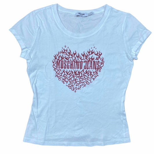 Moschino Jeans Bedazzled Flame Heart Spell-Out Logo T-Shirt White - Outfit Repeater