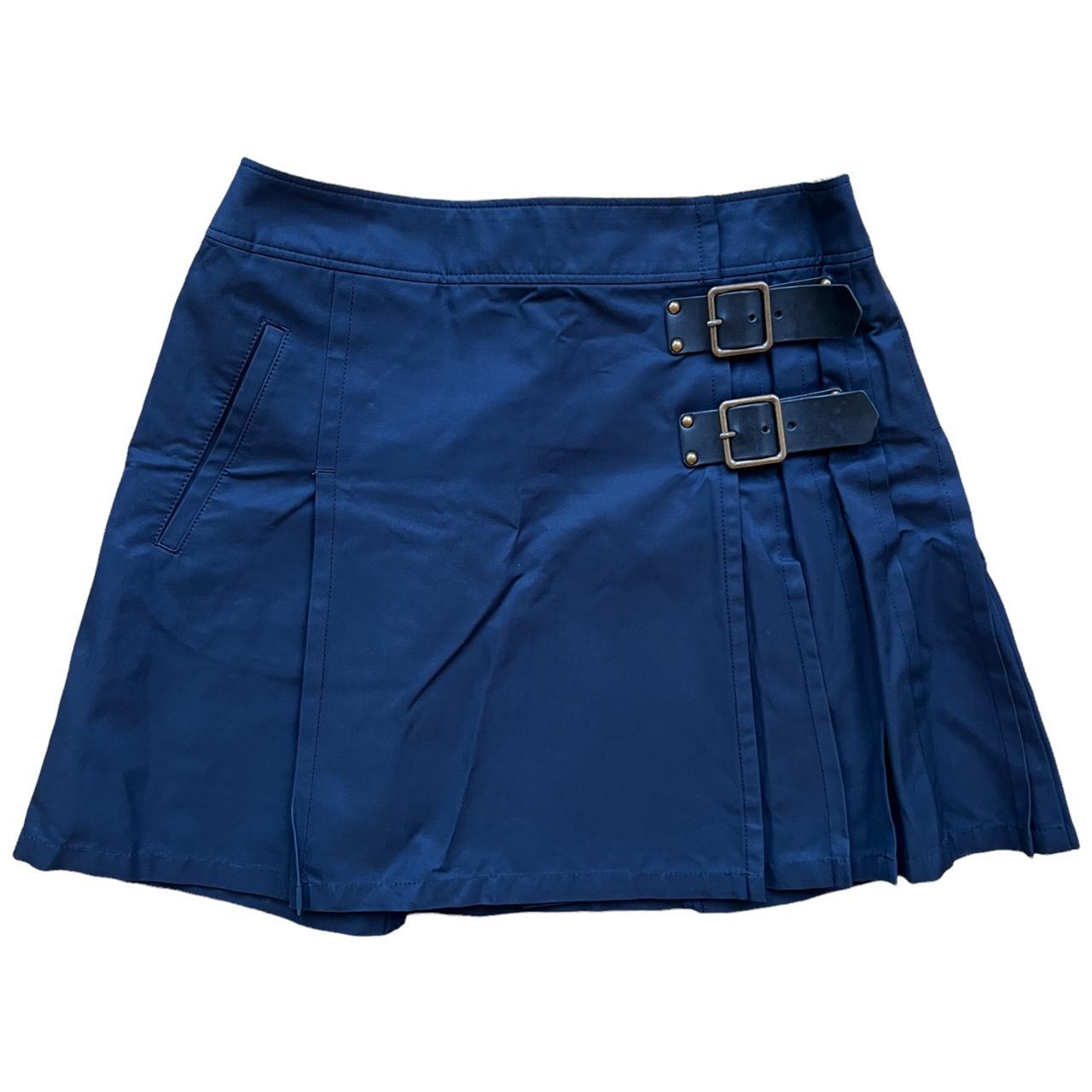 Burberry Blue Label Navy Blue Pleated Mini Skirt with Black Leather Buckle Closures and Gold Hardware - Outfit Repeater