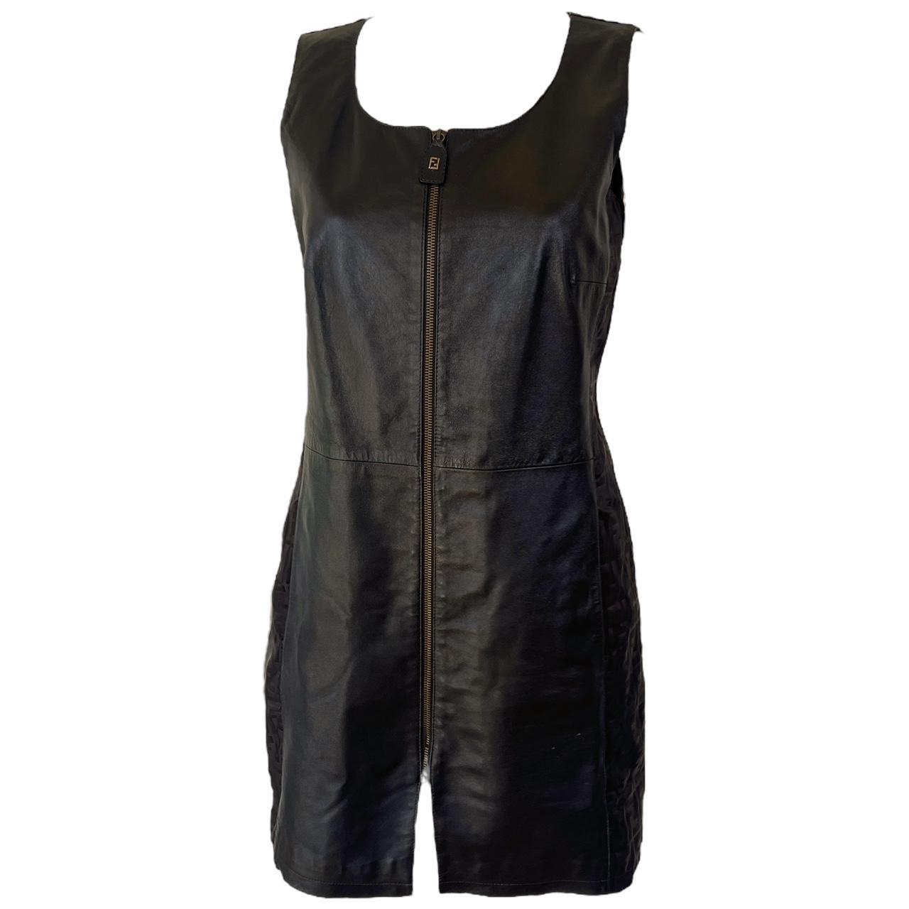Fendi Mini Dress Brown Leather Zucca Print Fitted 1990s
