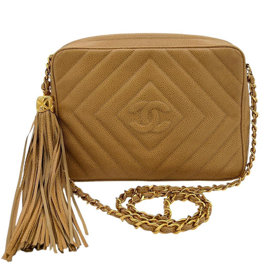 Chanel Tan Caviar Leather Diamond Quilted Camera Crossbody Bag