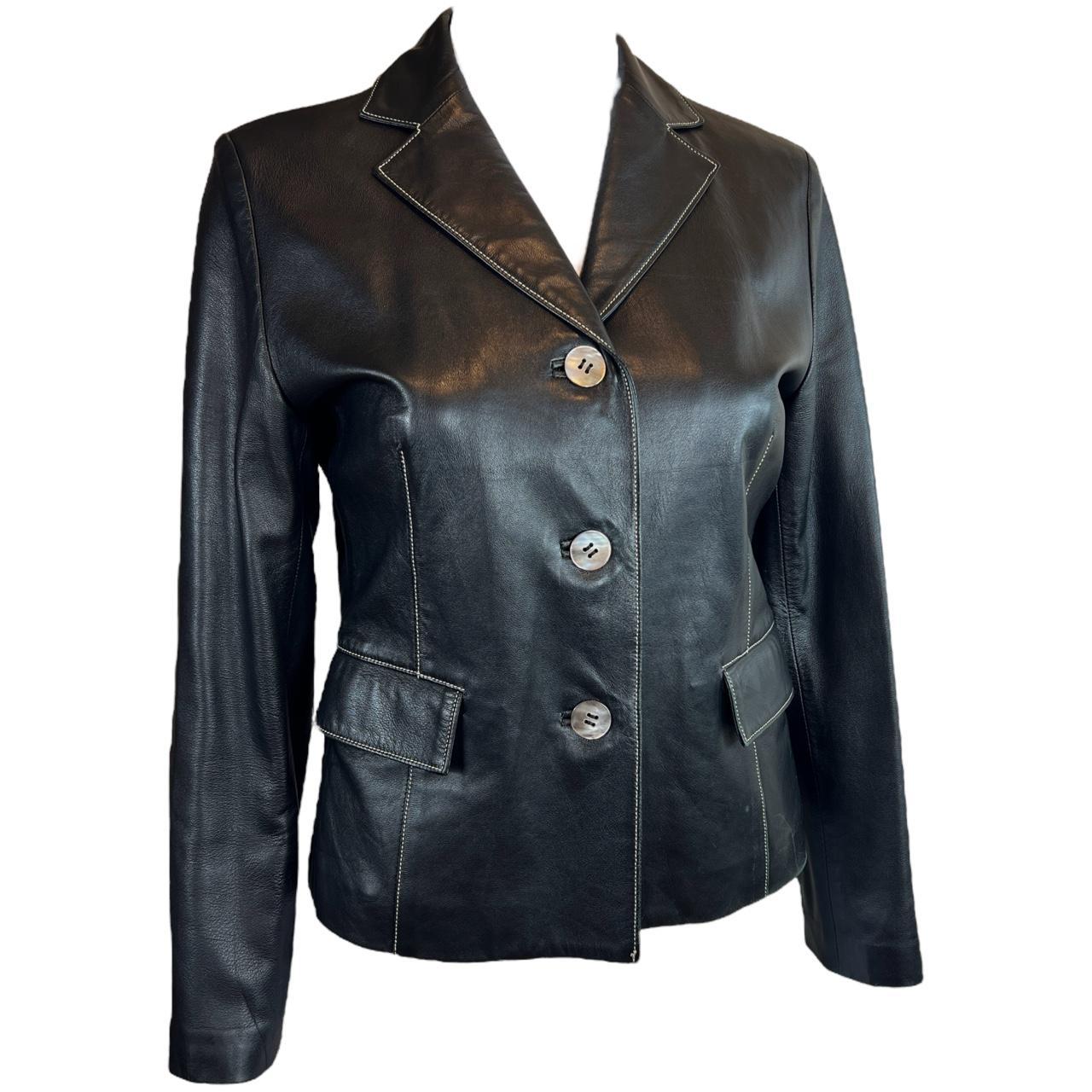 Balmain Paris Black Leather Blazer Jacket with Contrast Stitching and Mother of Pearl Buttons - Outfit Repeater