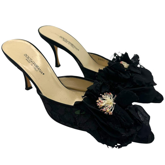 Dolce & Gabbana Black Flower Applique Heeled Mules - Outfit Repeater