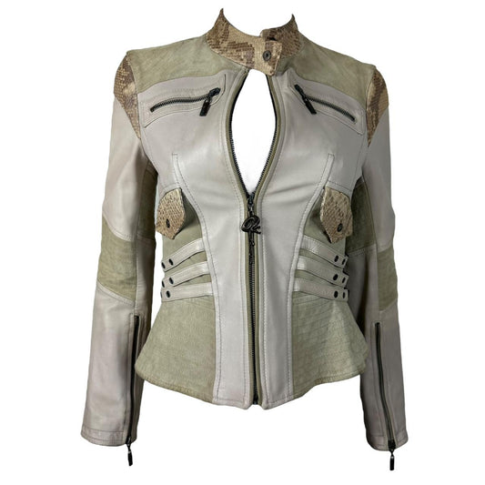 Just Cavalli by Roberto Cavalli Python Trim Leather Moto Jacket - Outfit Repeater
