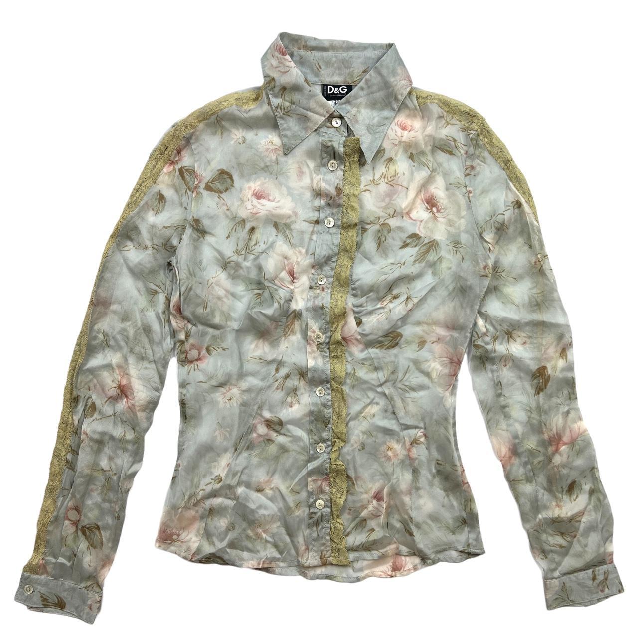 Dolce & Gabbana Dreamy Blue Light Pink Floral Printed Sheer Silk Long Sleeve Cardigan / Blouse with Lace Detail - Outfit Repeater