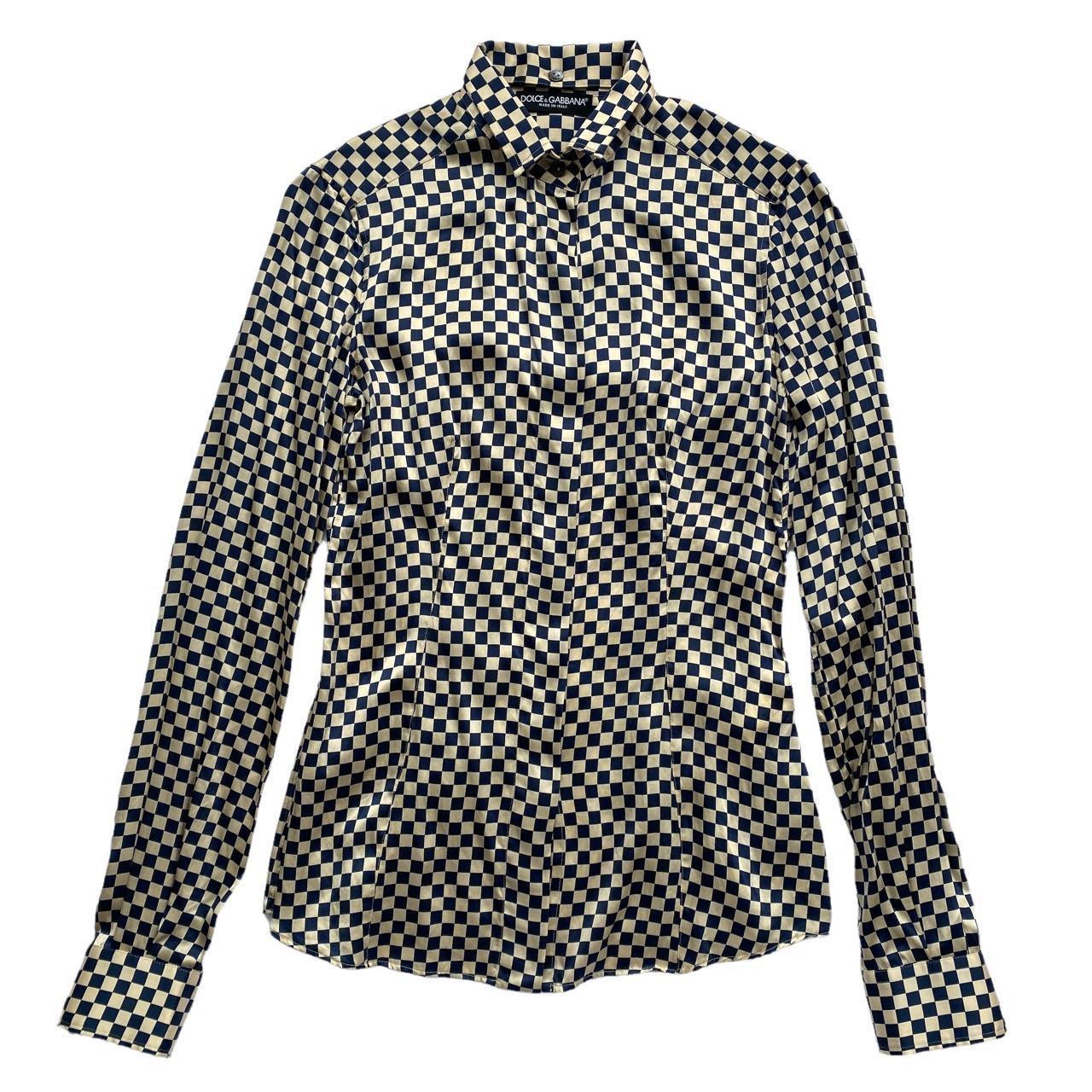 Dolce & Gabbana Silk Blouse Off-White Navy Checkerboard