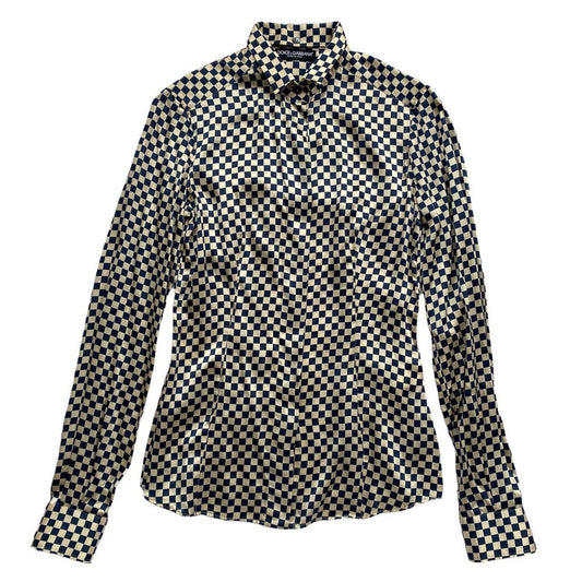 Dolce & Gabbana Off-White and Navy Checkerboard Print Long Sleeve Silk Blouse - Outfit Repeater