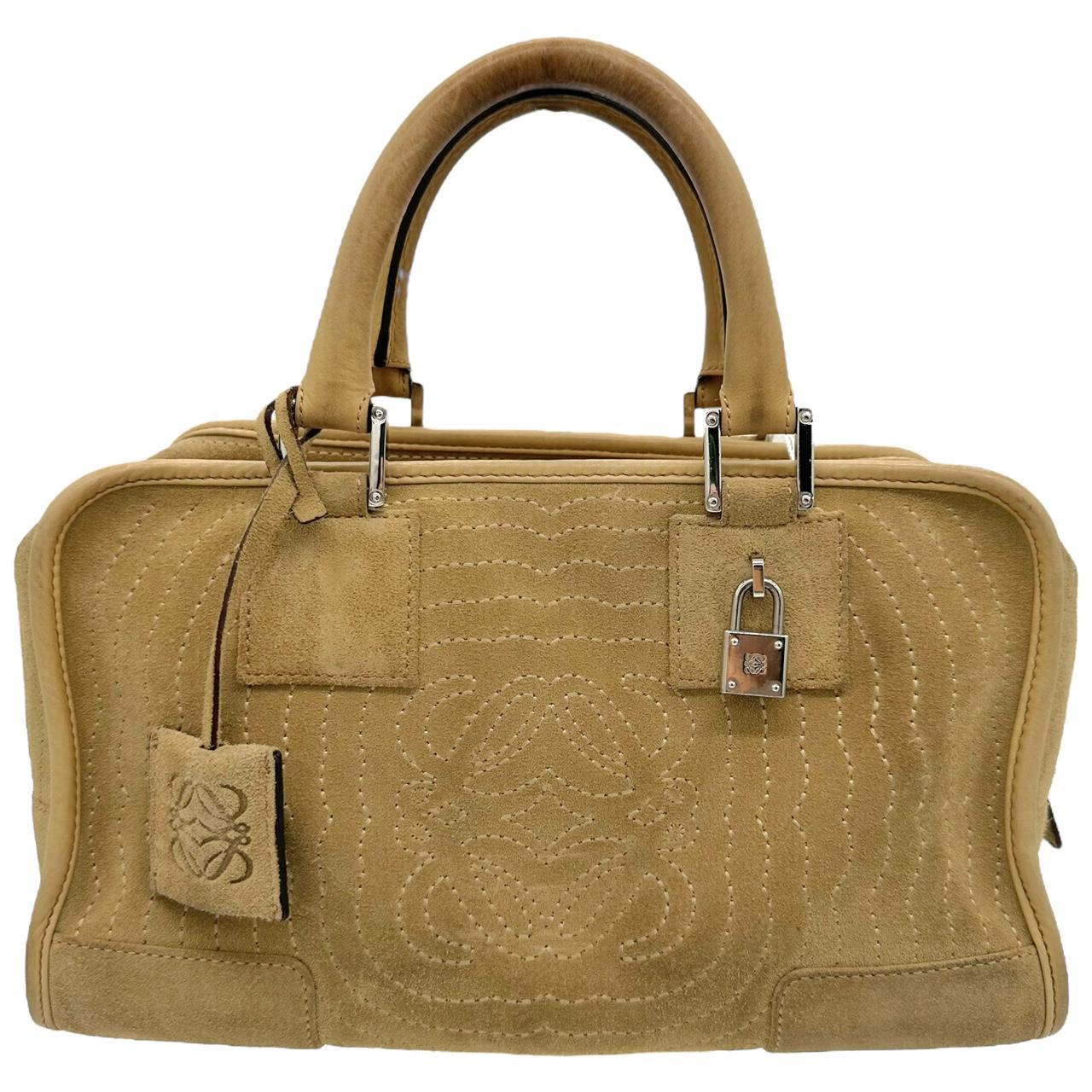 Loewe Suede Amazona Shoulder Bag Tan with Logo Embroidery