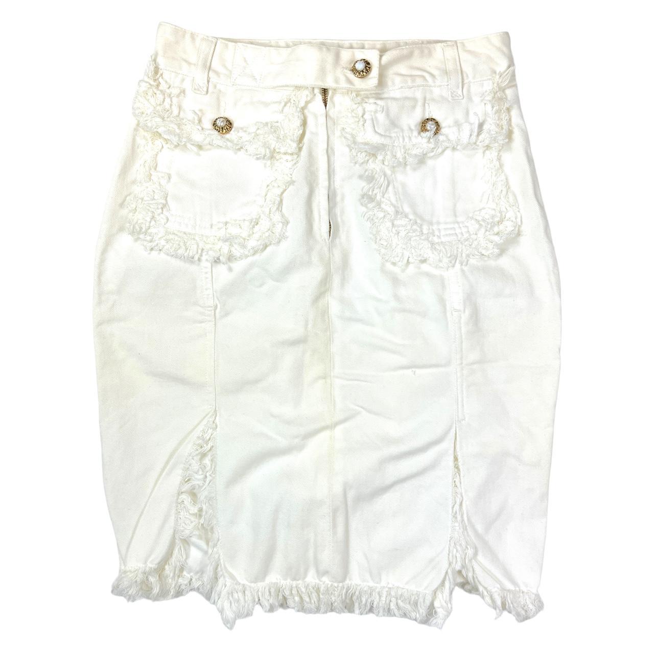 Dolce & Gabbana D&G White Frayed Denim Mini Skirt with Gold and Pearl Buttons - Outfit Repeater