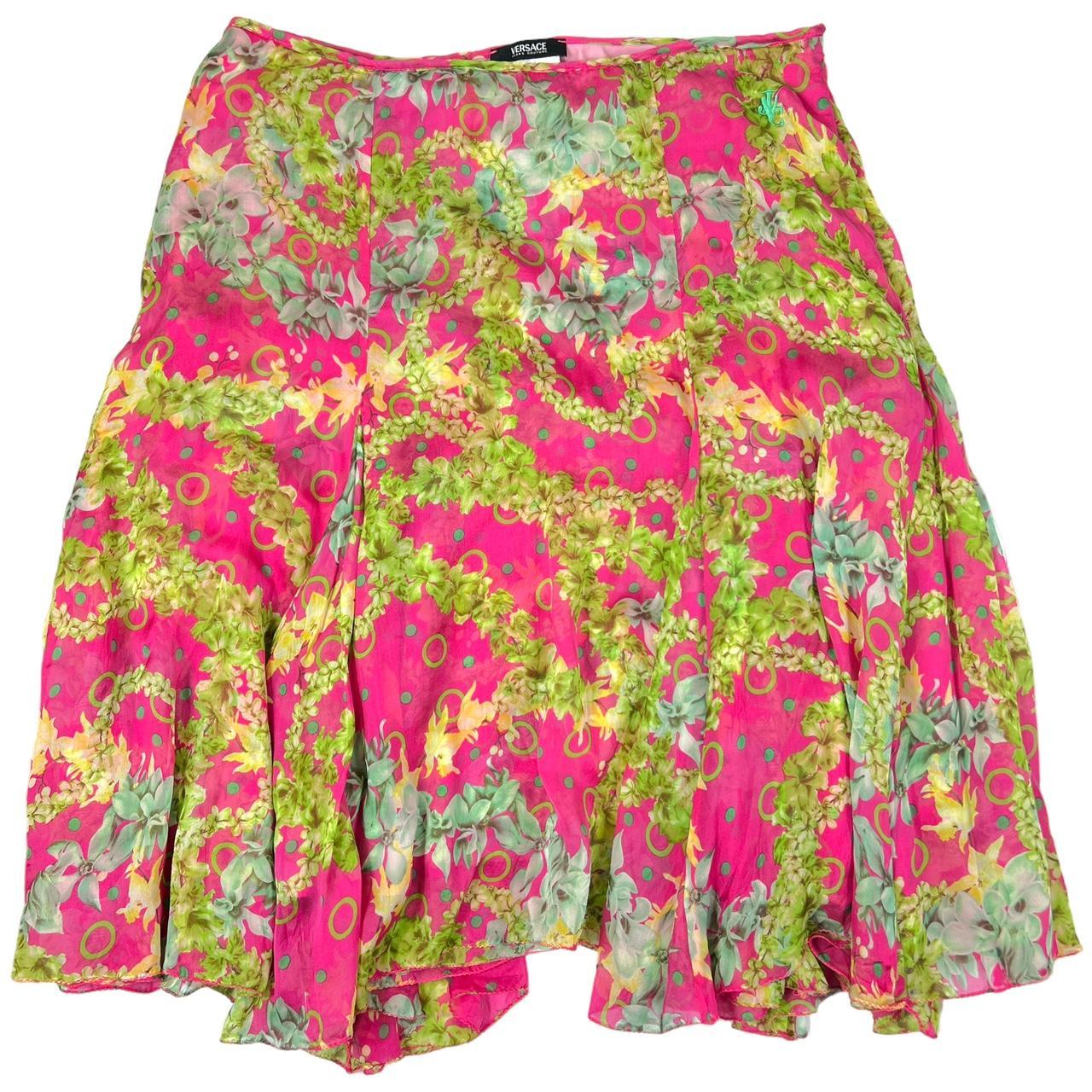 Versace Jeans Couture Pink Floral Print Silk Midi Skirt - Outfit Repeater