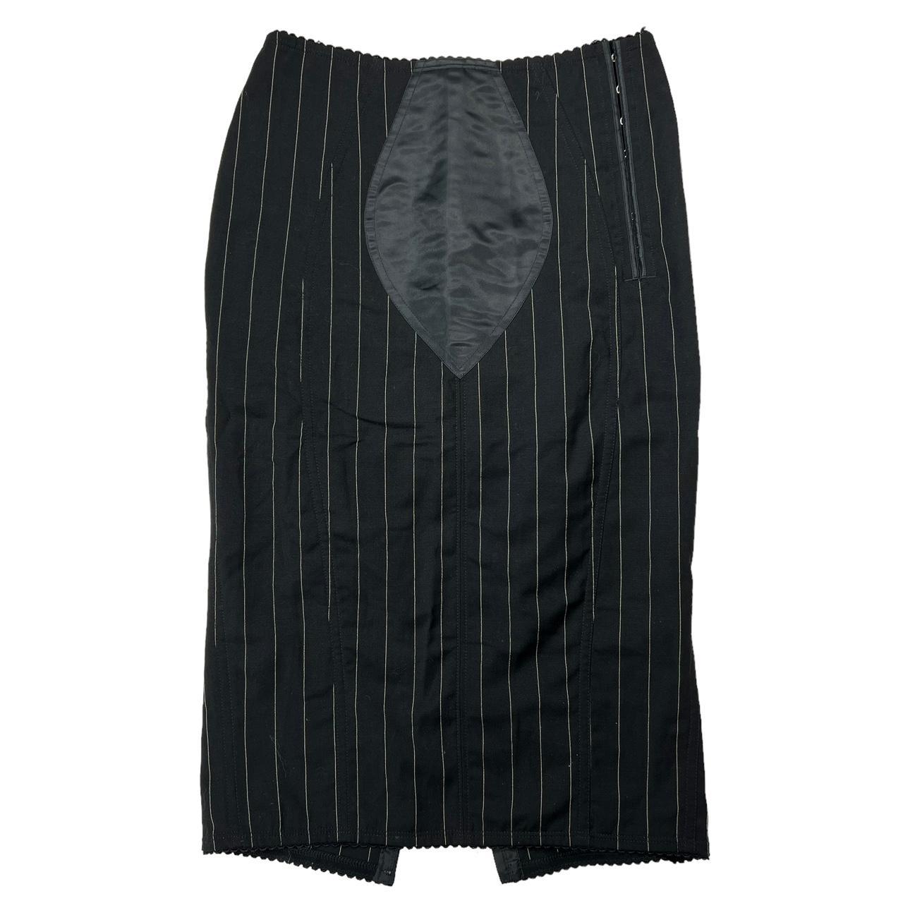 Dolce & Gabbana Black Pinstriped Midi Skirt with Hook and Eye Back and Side Closures - Outfit Repeater