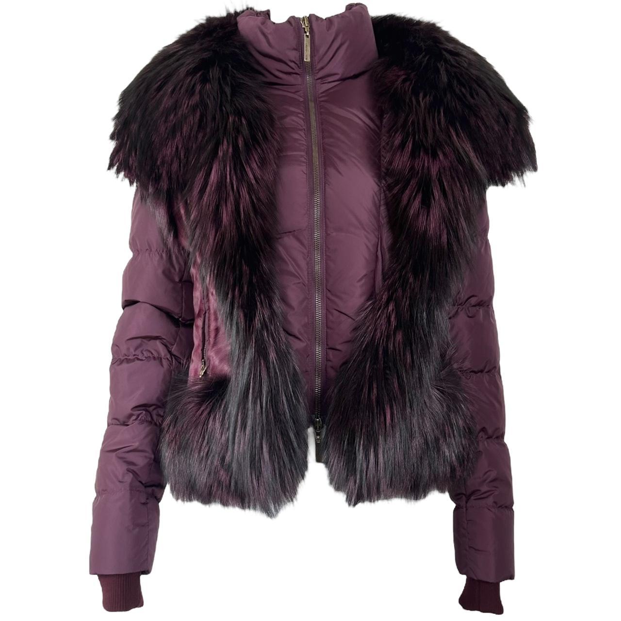 Roberto Cavalli Burgundy Fox Fur Trim Puffer Coat