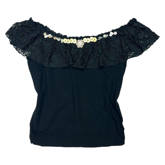 Blumarine Off The Shoulder Embellished Beaded Knit Top