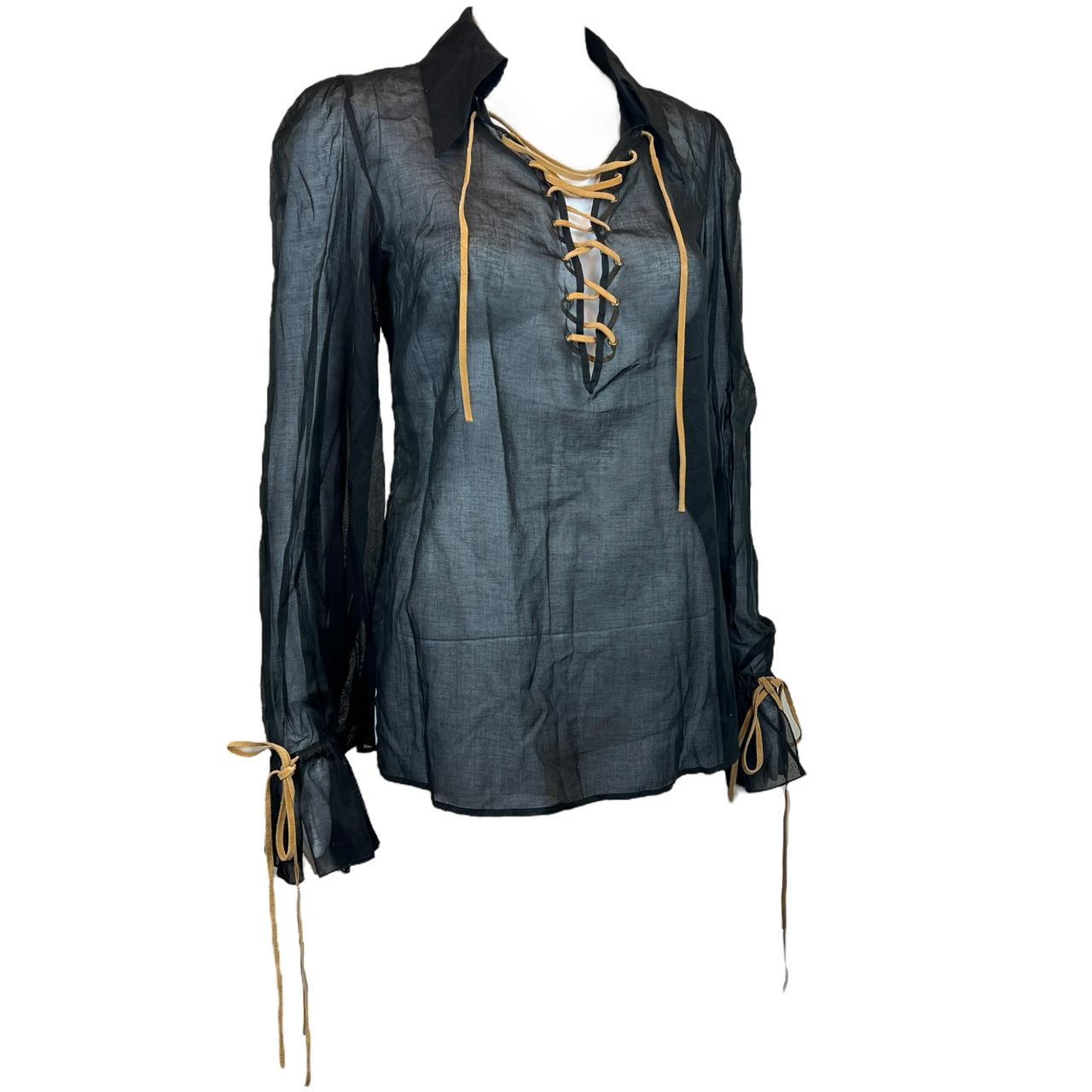 Dolce & Gabbana Black Sheer Cotton Blouse with Tan Lace Up Detail