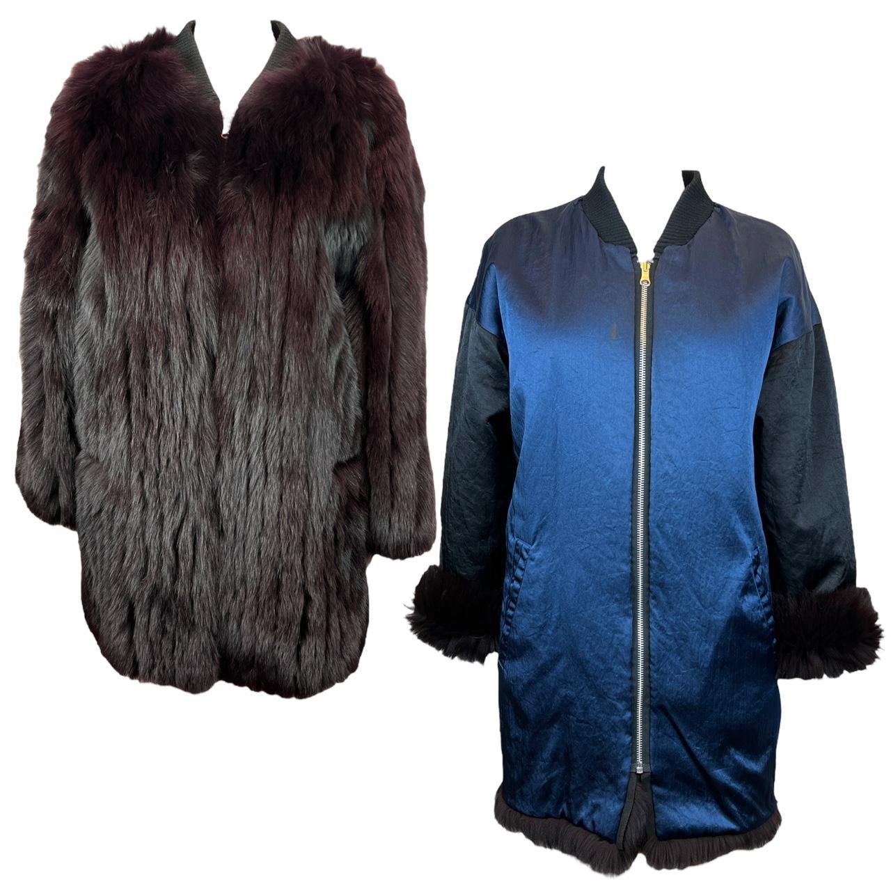 Jean Paul Gaultier Reversible Burgundy Fur Coat / Blue Satin Bomber Jacket - Outfit Repeater