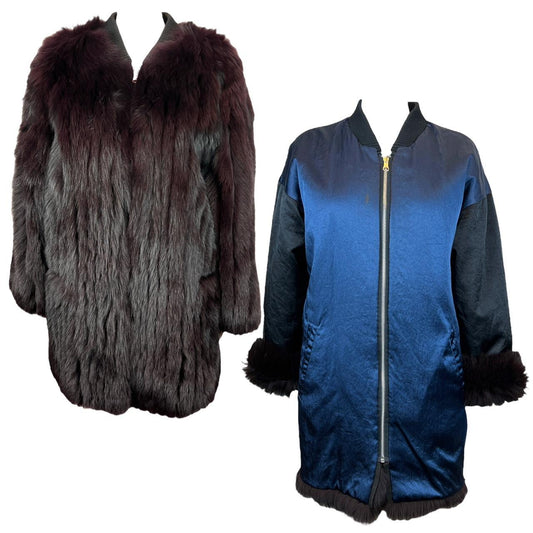 Jean Paul Gaultier Reversible Burgundy Fur Coat / Blue Satin Bomber Jacket