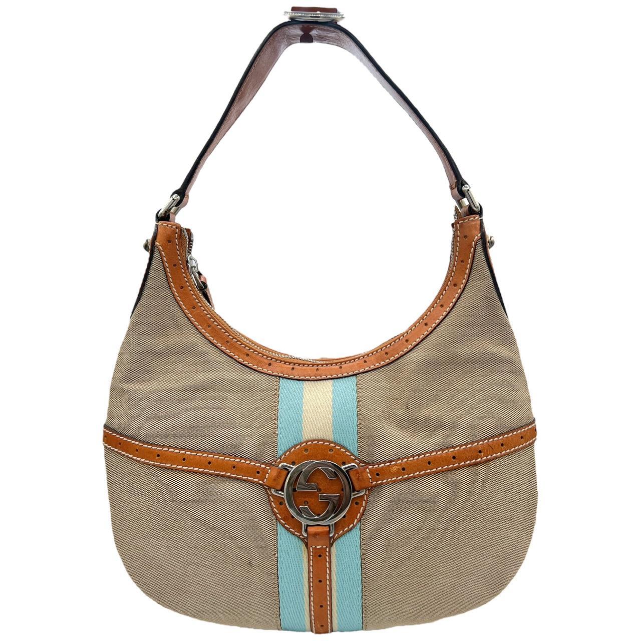 Gucci Shoulder Bag Tan Canvas Leather Logo