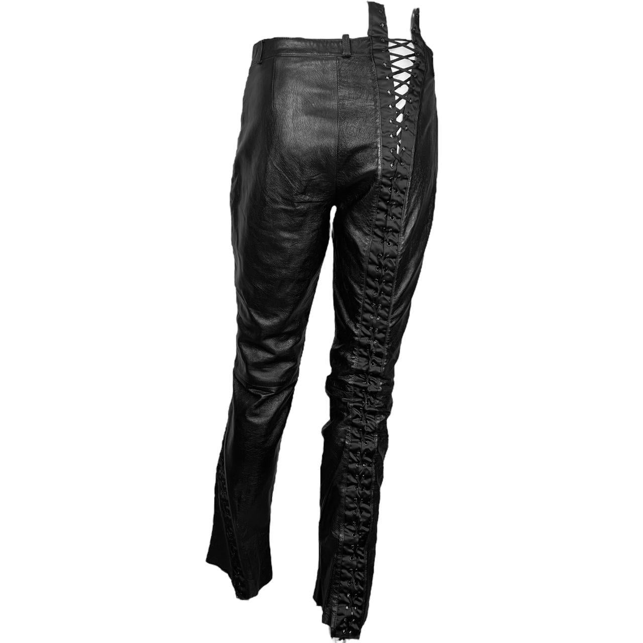 Dolce & Gabbana Black Low Rise Lace Up Leather Pants