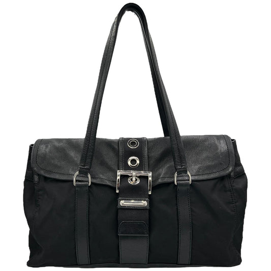 Prada Black Nylon Leather Buckled Shoulder Bag