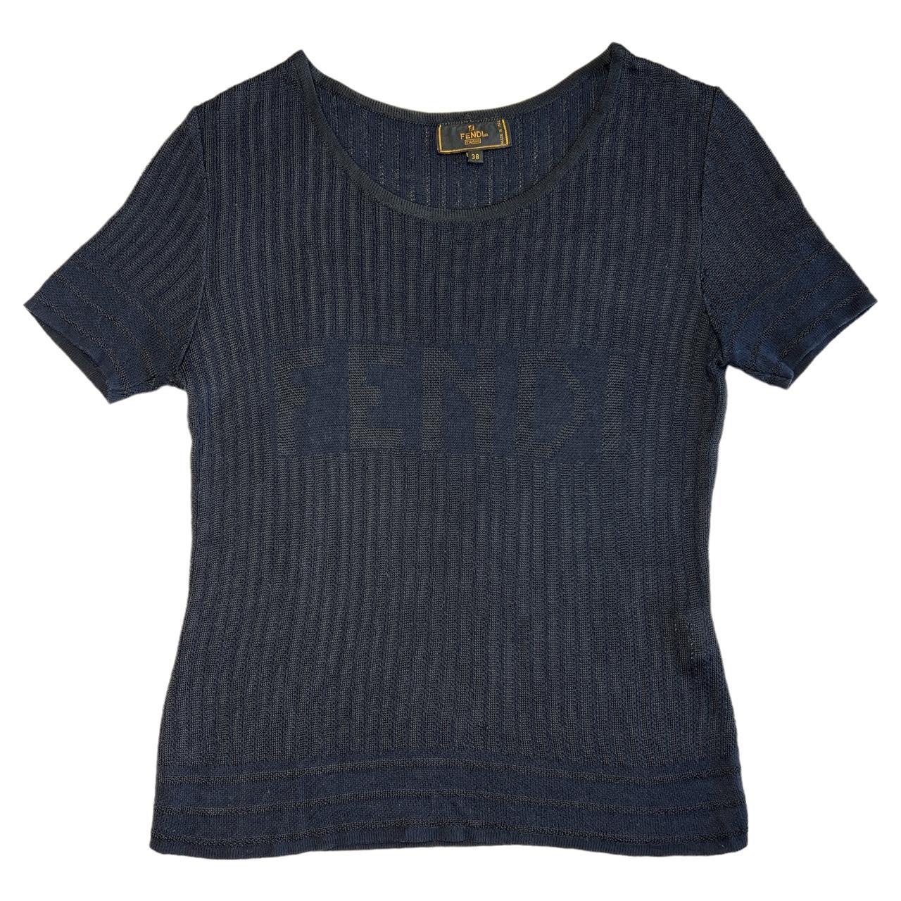 Fendi Navy Blue and Black Short Sleeve Logo Knit Top - Outfit Repeater