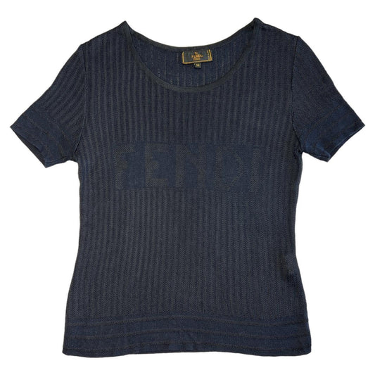 Fendi Navy Blue and Black Short Sleeve Logo Knit Top - Outfit Repeater