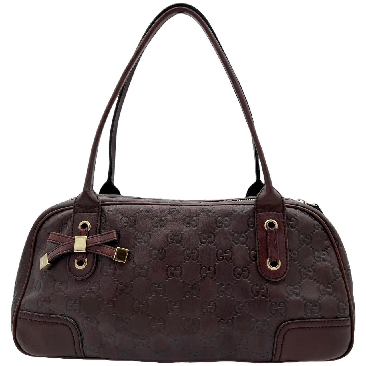 Gucci Brown Leather Boston Bag with Embossed Monogram