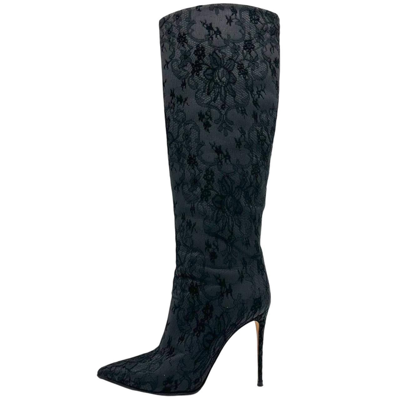 Dolce & Gabbana Black Lace Heeled Knee-High Boots