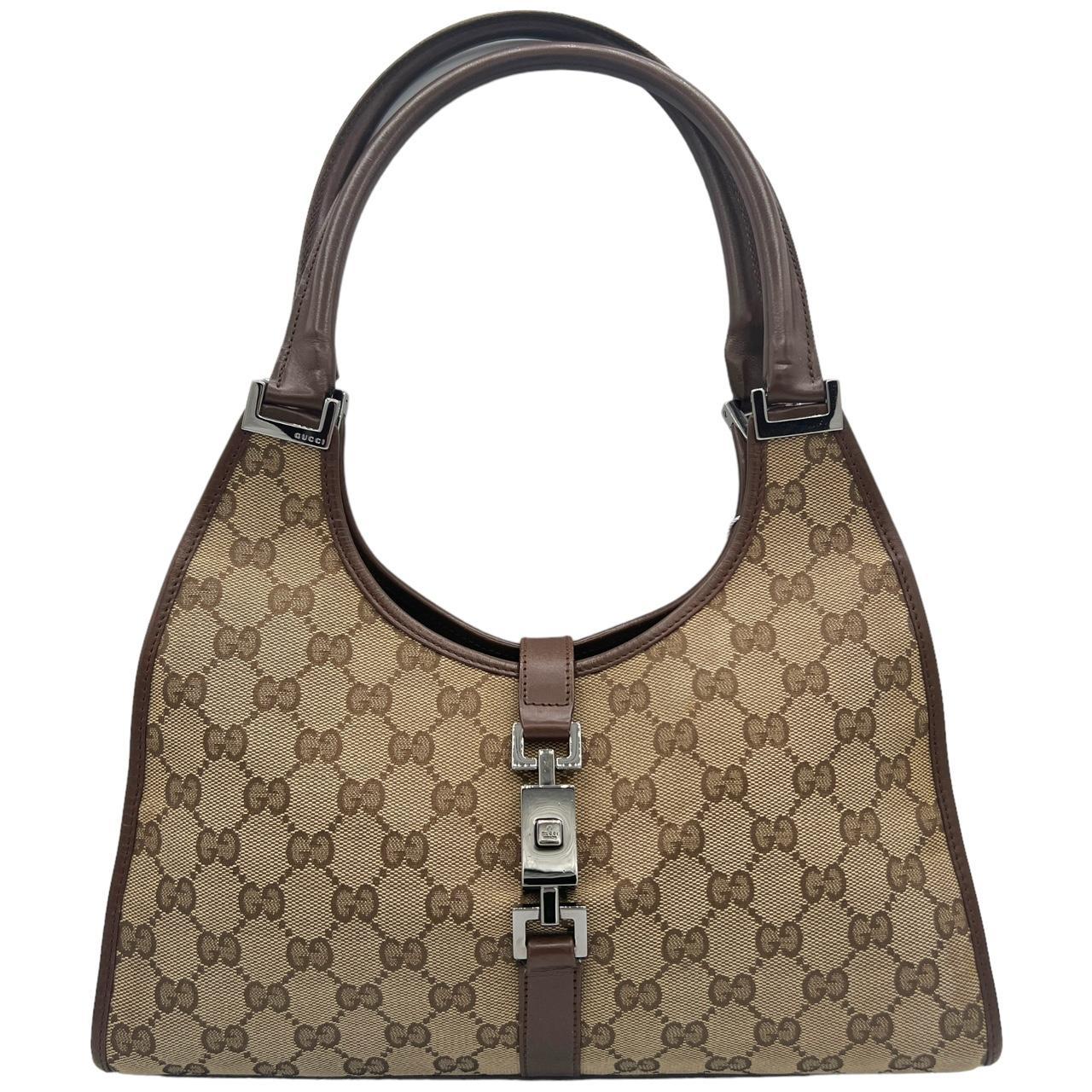 Gucci Brown Leather Tan Monogram Canvas Shoulder Bag