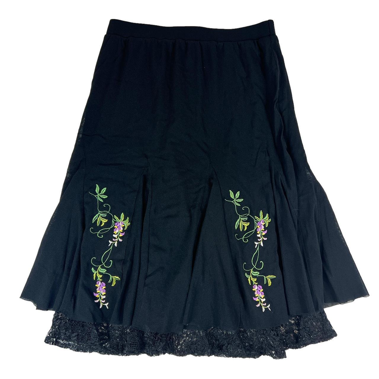 Vivienne Tam Black Mesh Midi Skirt with Lace Hem and Floral Embroidery - Outfit Repeater