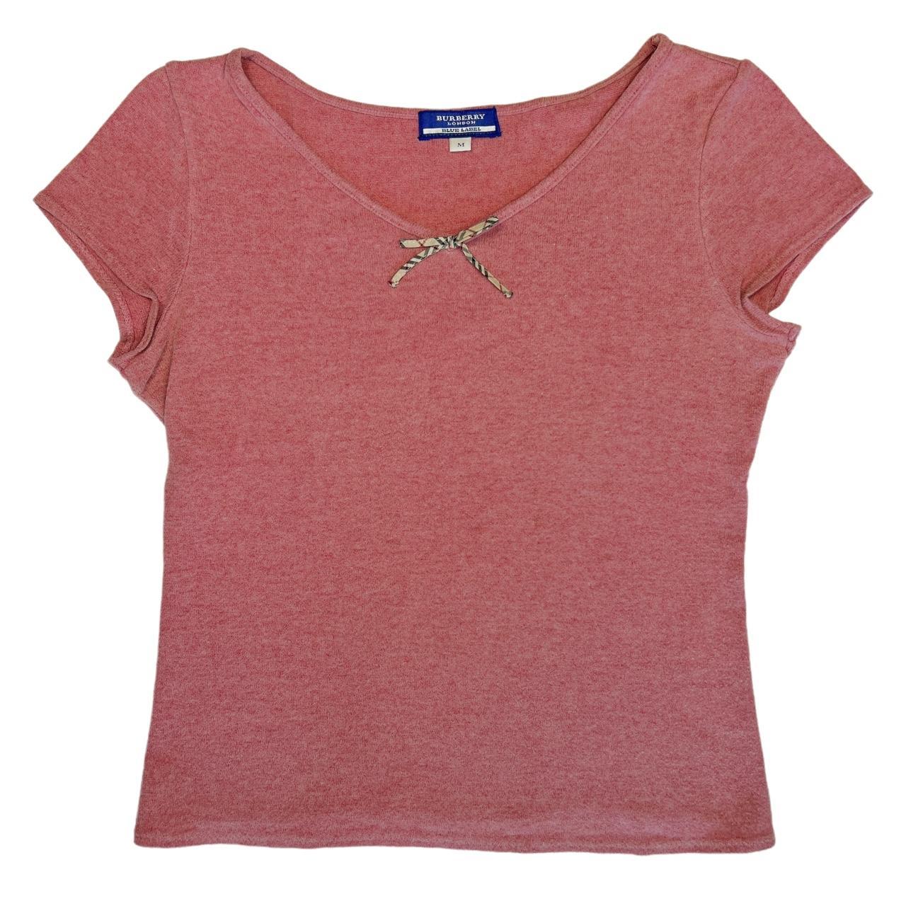 Burberry Blue Label Pink Knit T-Shirt with Signature Nova Check Plaid Bow