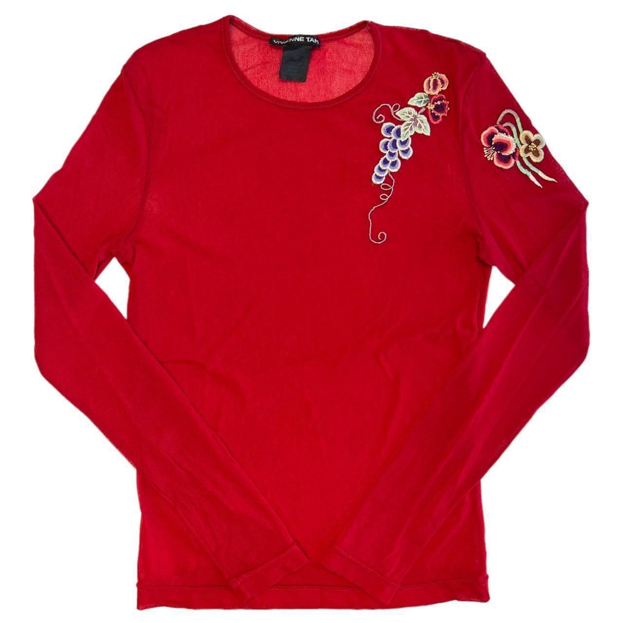 VIVIENNE TAM Red Mesh Embroidered Long Sleeve Top