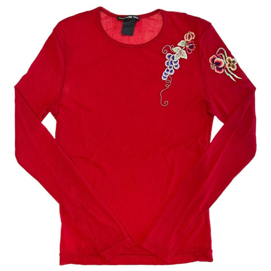 VIVIENNE TAM Red Mesh Embroidered Long Sleeve Top