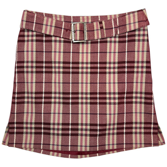 Burberry Blue Label Burgundy Nova Check Plaid Print Belted Mini / Midi Skirt - Outfit Repeater