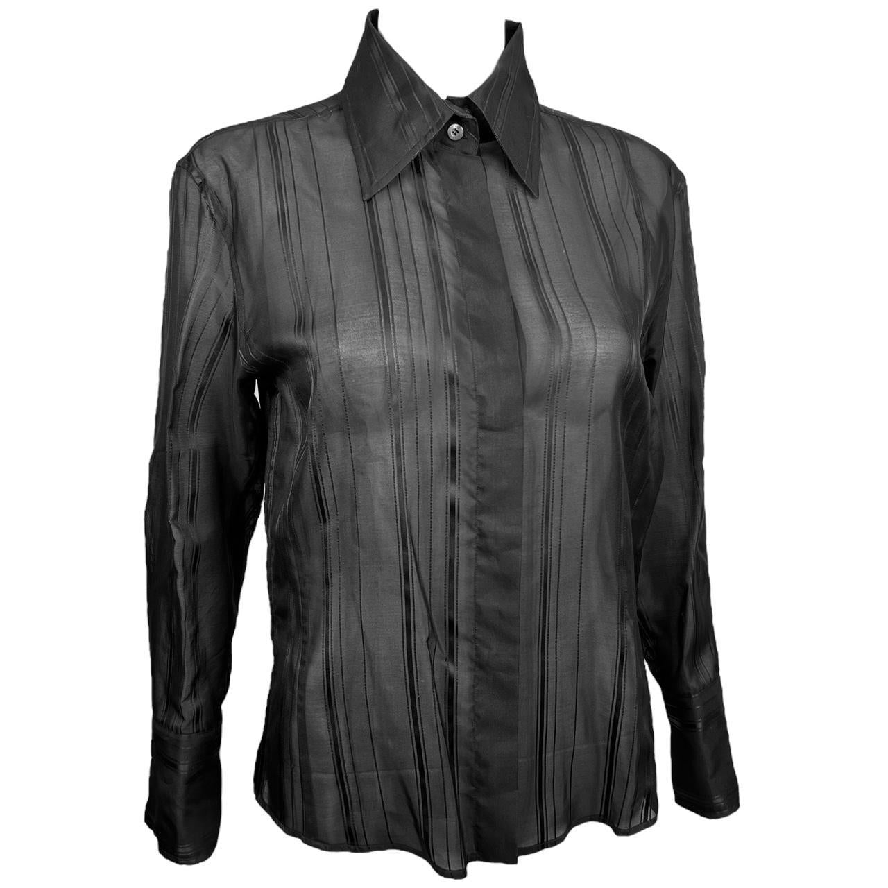 Gucci By Tom Ford s/s 2001 Black Semi-Sheer Striped Silk Button Down Blouse - Outfit Repeater