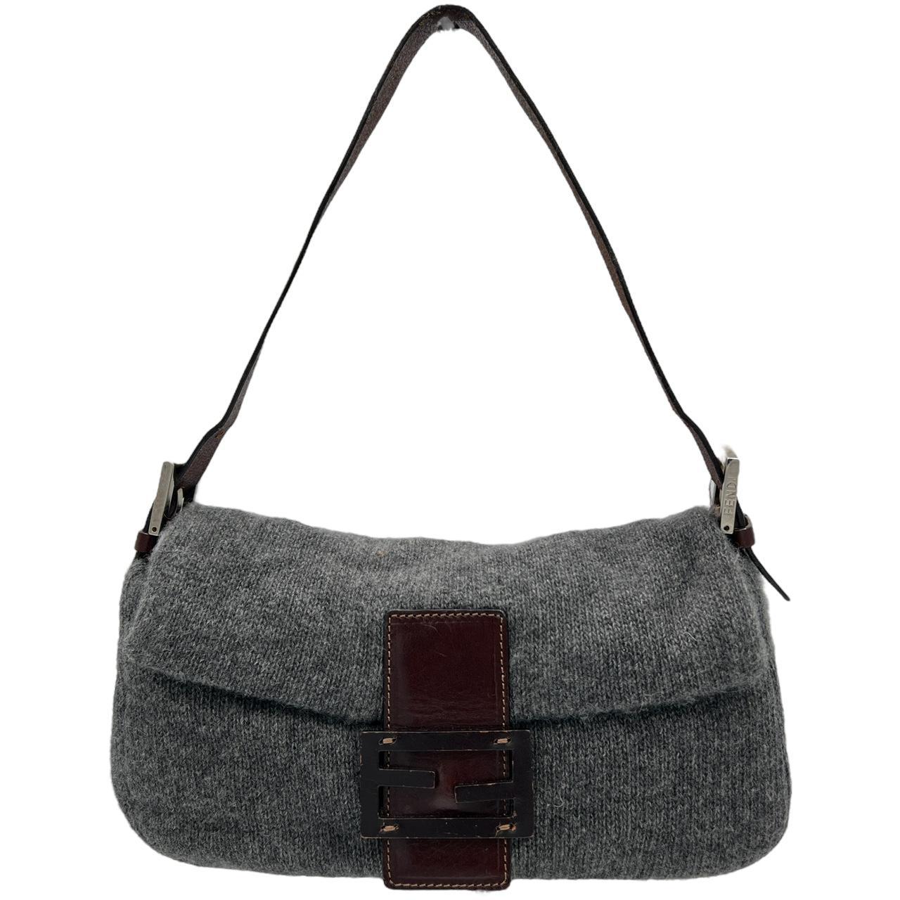 Fendi Gray Cashmere Knit Baguette Shoulder Bag