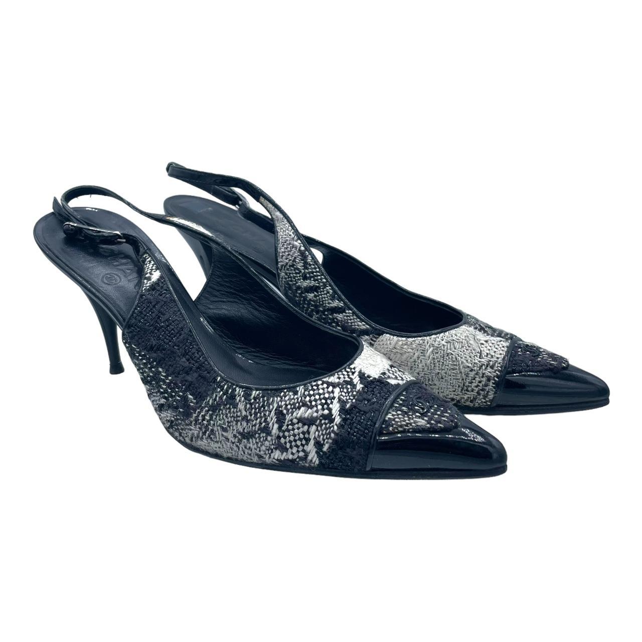 Chanel Slingback Heels Black White Tweed Pointed Toe
