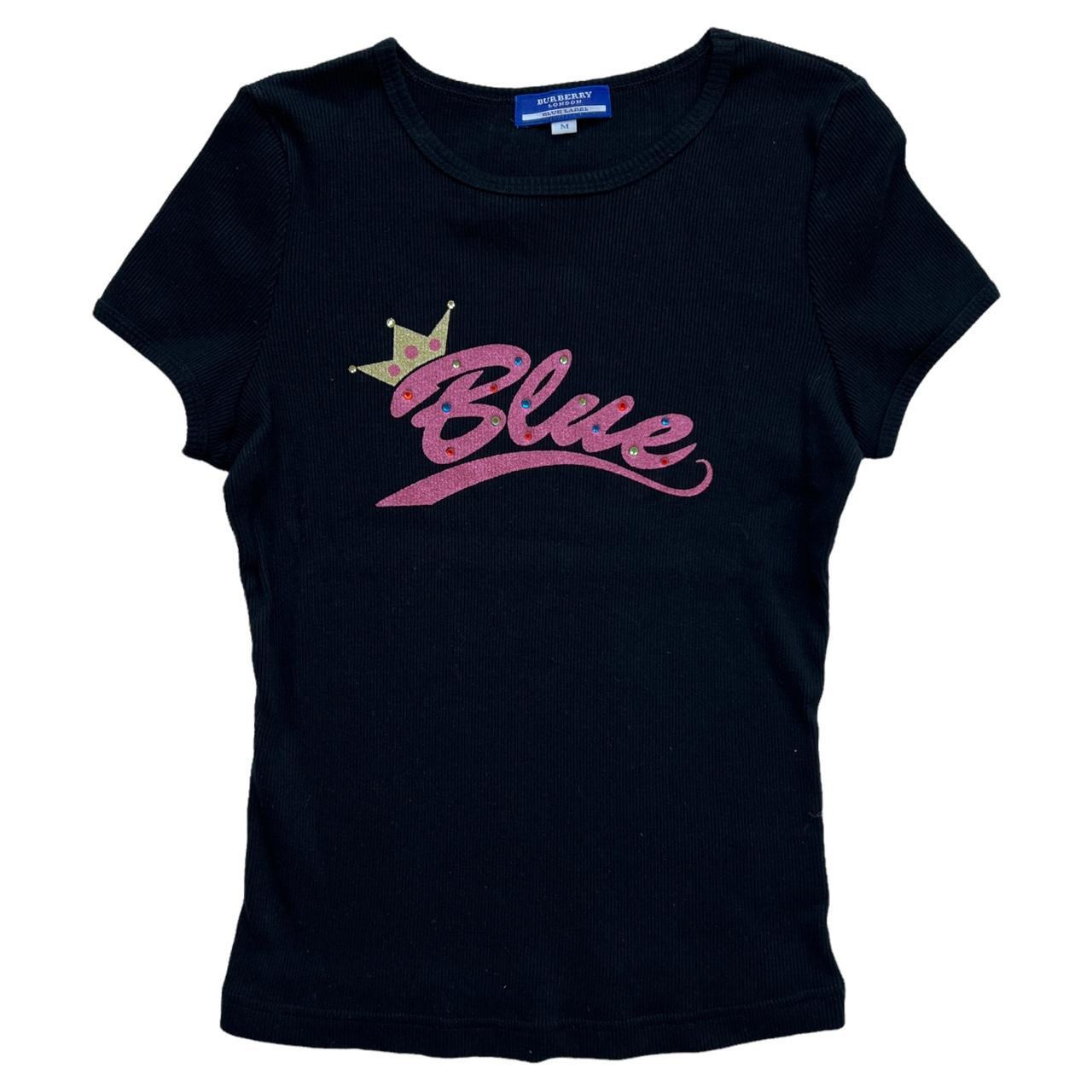 Burberry Blue Label "Blue" Princess Spell-Out Logo Rhinestone T-Shirt - Outfit Repeater