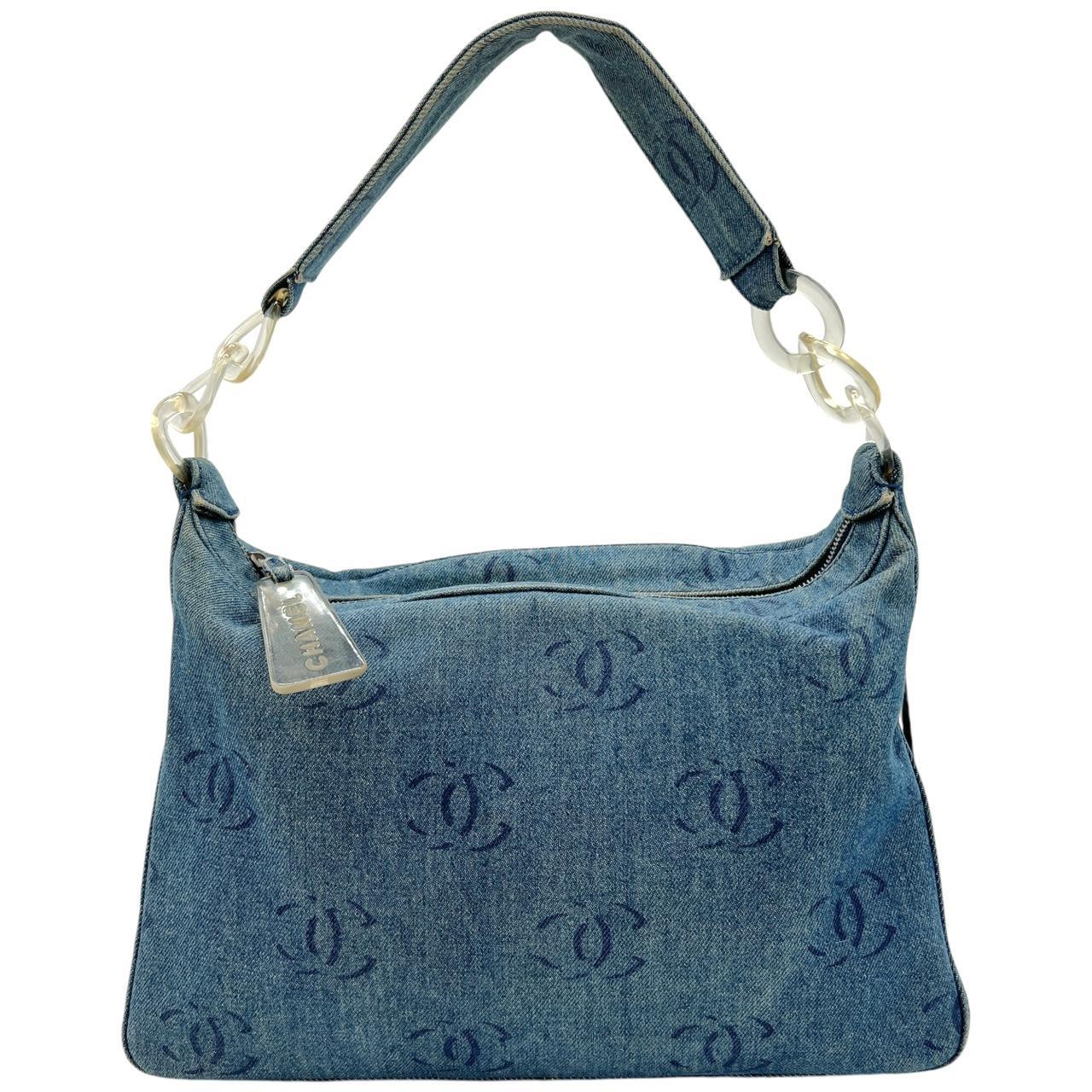 Chanel Blue Denim Hobo Shoulder Bag With Logo Print