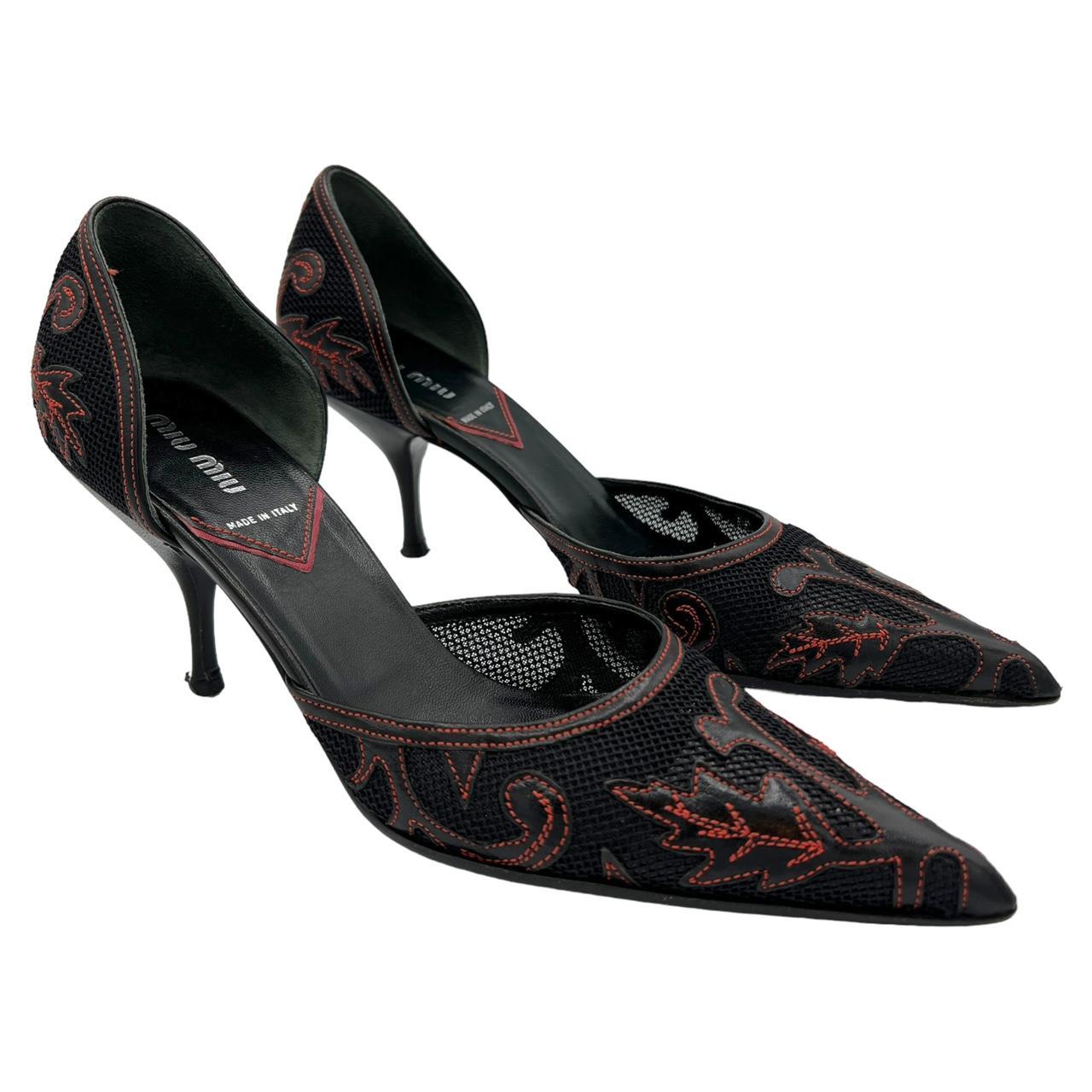 Miu Miu Black and Red Embroidered Pointed Toe Heels - Outfit Repeater