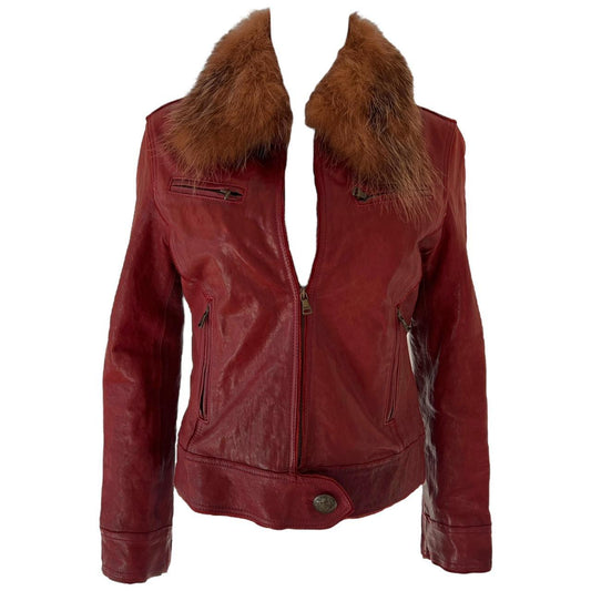 Dolce & Gabbana Burgundy Leather Jacket  with Fur Collar