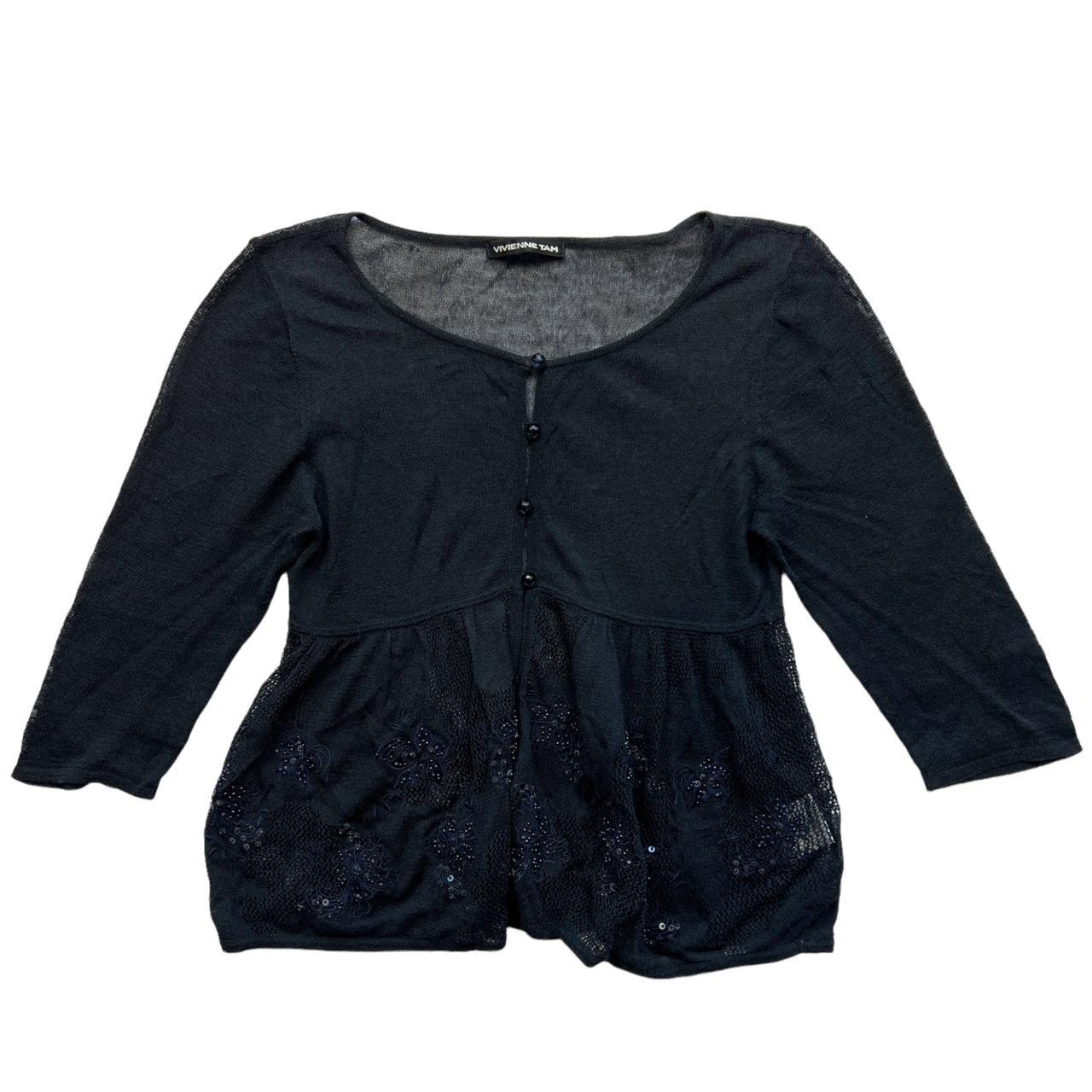 VIVIENNE TAM Black and Navy Embroidered / Beaded Babydoll Style Cardigan with 3/4 Sleeves - Outfit Repeater