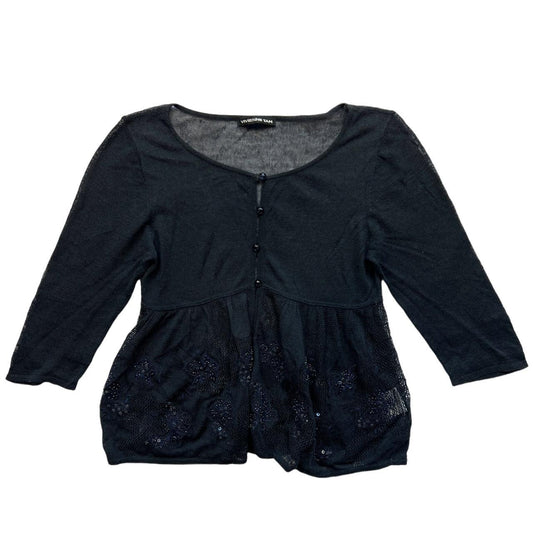 VIVIENNE TAM Black and Navy Embroidered / Beaded Babydoll Style Cardigan with 3/4 Sleeves - Outfit Repeater